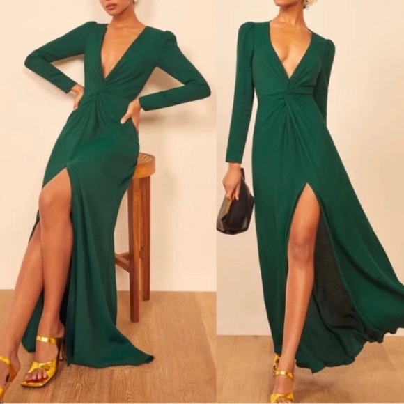 Reformation Gatsby Dress emerald dark green Size 2 deep v neck - Picture 5 of 12